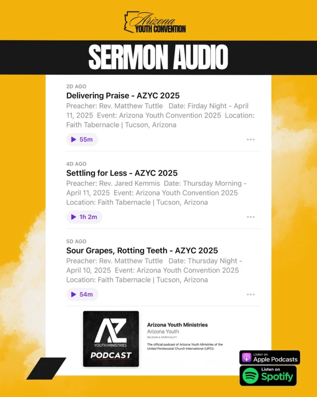 Did you miss AZYC25, or want to relisten to the life-changing sermons? Visit our Podcast for all of the sermon audio!

🔎 Search “Arizona Youth Ministries” on Spotify or Apple Podcast!